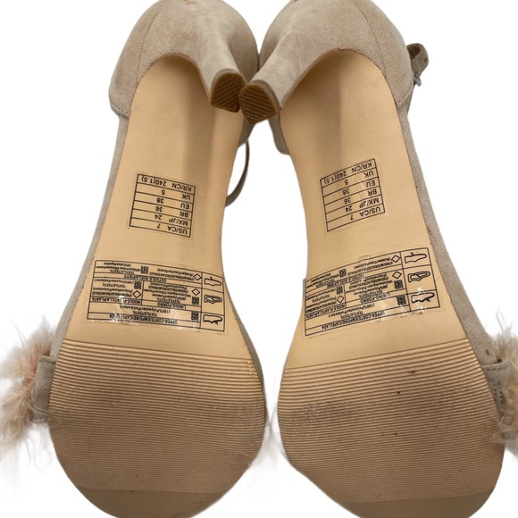 Cream Beige Dressy Faux Ostrich Feather & Suede Ankle Strap Open Toe Heels Shoes - Picture 7 of 7